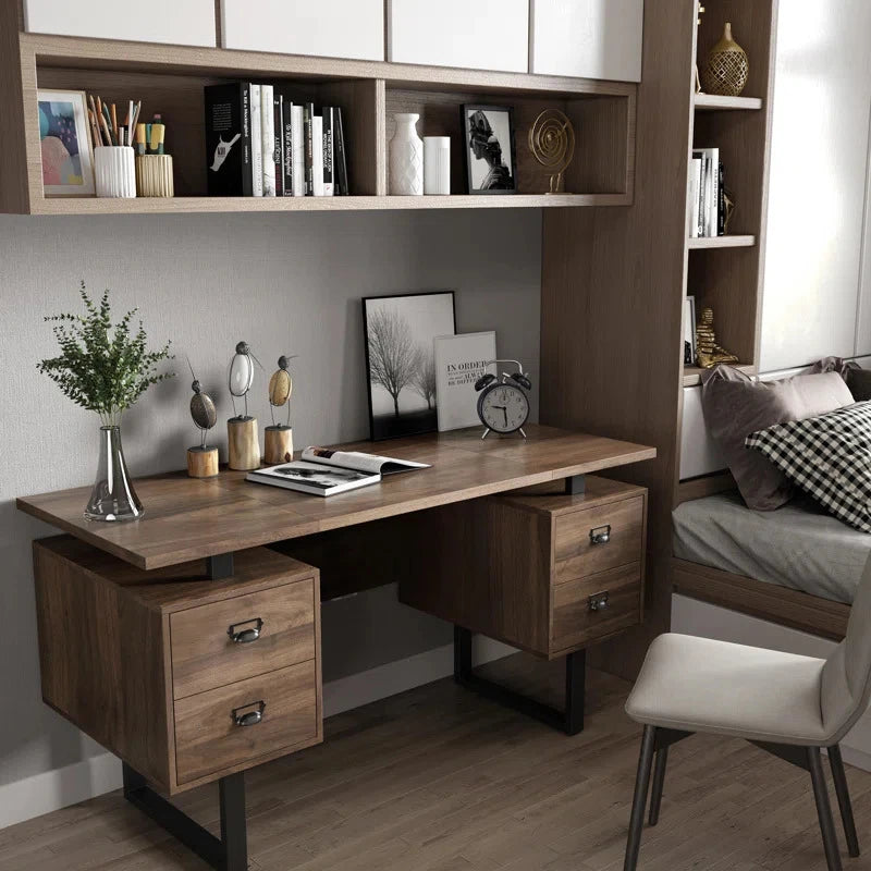 AMESKO – Walnut Brown Manager Table with Metallic Frame