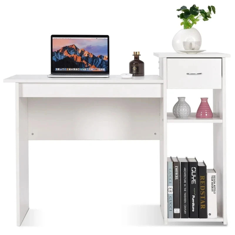 ANGELA – White Writing Table with Open Shelves and Storage Drawers