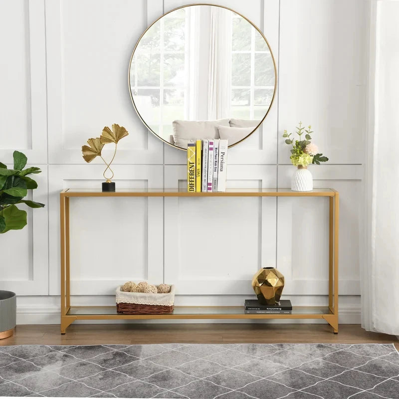 EGAN – Golden Metallic Frame Console Table With Glass Shelves