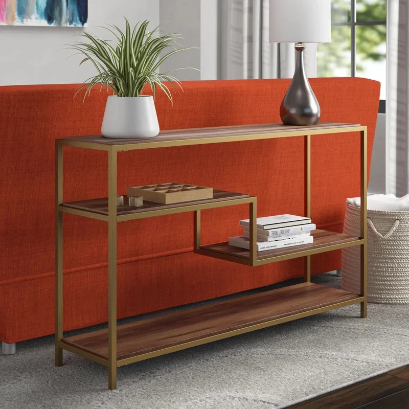 CY – Golden Metallic Frame Console Table with Wooden Shelves