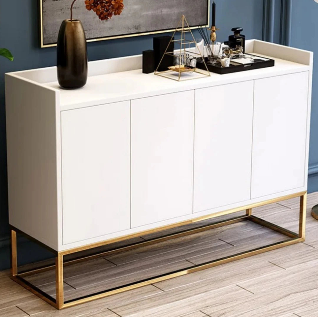 SIM – White Modern Side Board With Golden Metallic Frame Base
