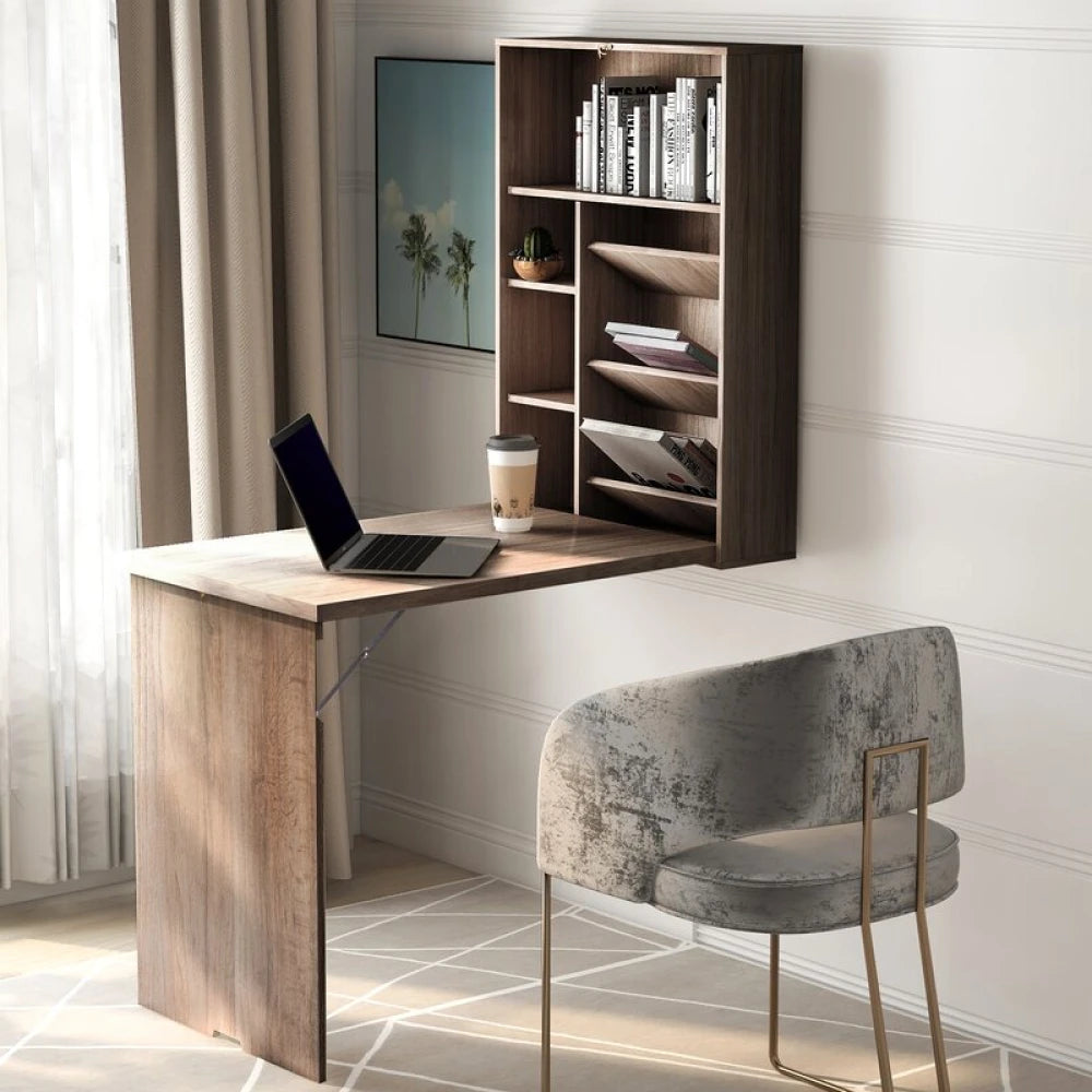MITHEW – Floating Wall Desk With Storage Shelf Oak Brown