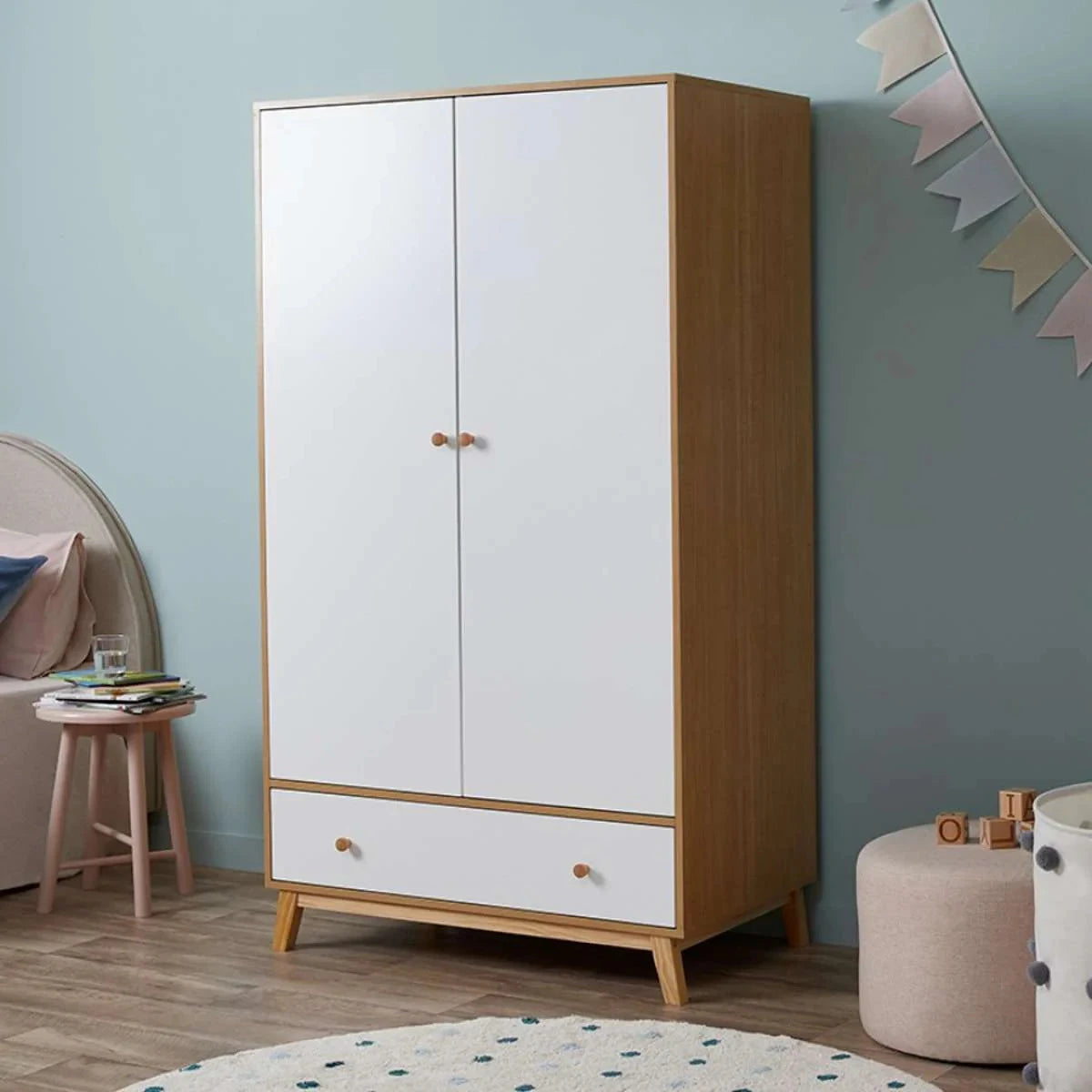 BRAMWELL – Scandinavian Design White and Oak Brown Kids Cupboard