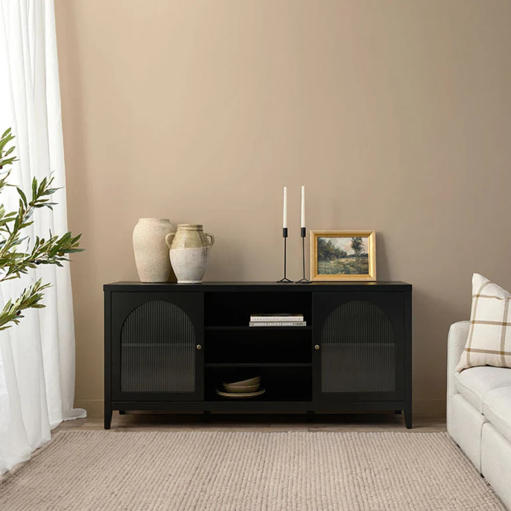 VIKA – Classic Style Black Sideboard will Fluted Glass Doors