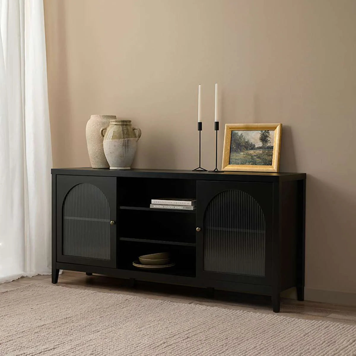 VIKA – Classic Style Black Sideboard will Fluted Glass Doors
