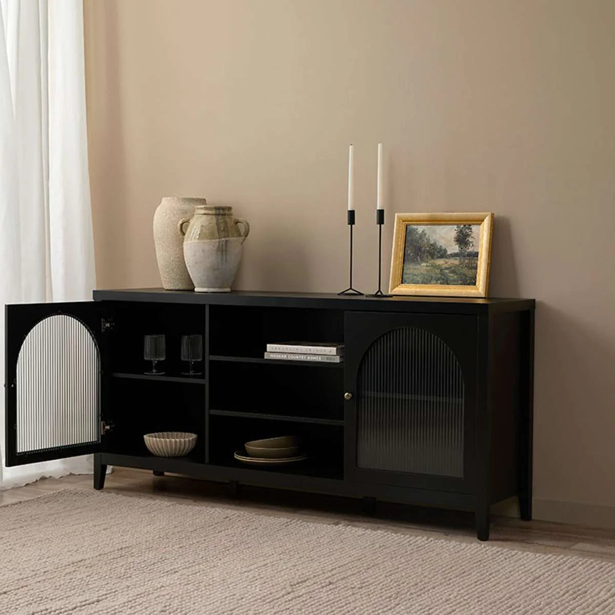 VIKA – Classic Style Black Sideboard will Fluted Glass Doors