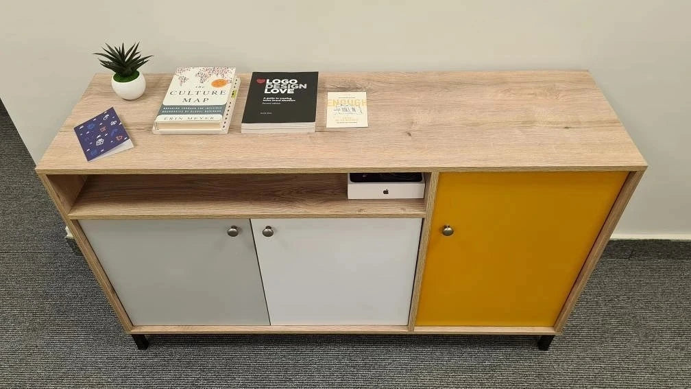 GUESS -Oak Brown & Yellow Side Board with Metallic Legs