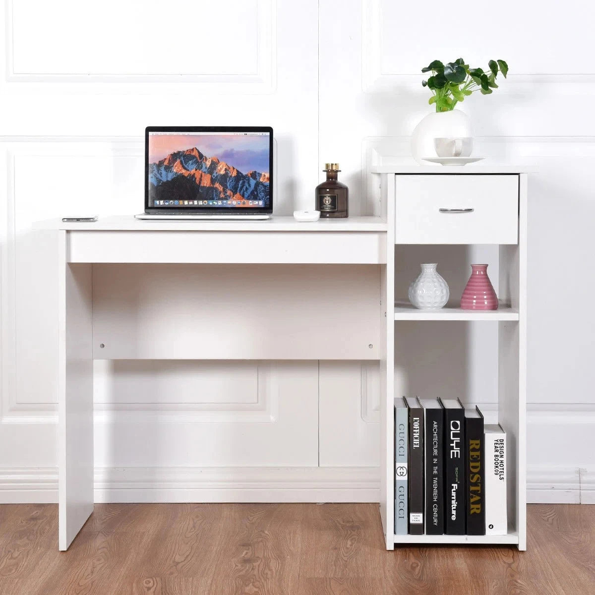 ANGELA – White Writing Table with Open Shelves and Storage Drawers