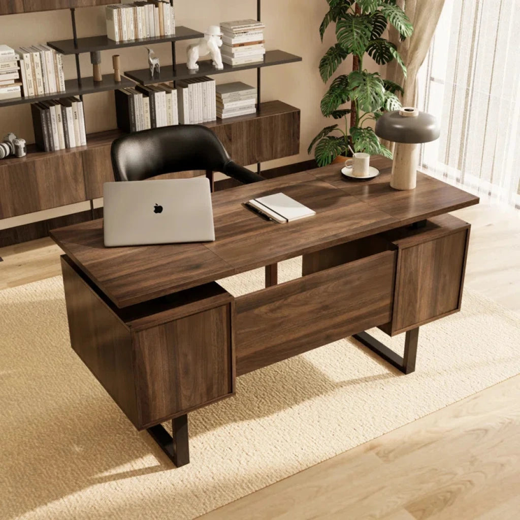 AMESKO – Walnut Brown Manager Table with Metallic Frame