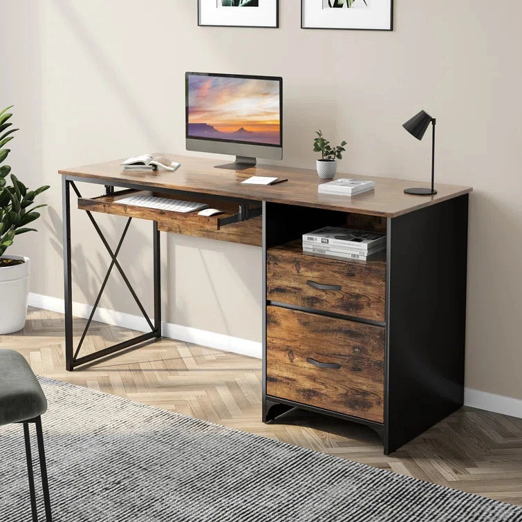 VORTEX – Rustic Brown Computer Table with Black Metallic Frame
