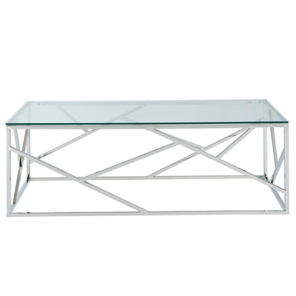 JOFFERY – Glass Top Coffee Table With Silver Stainless Steel Frame