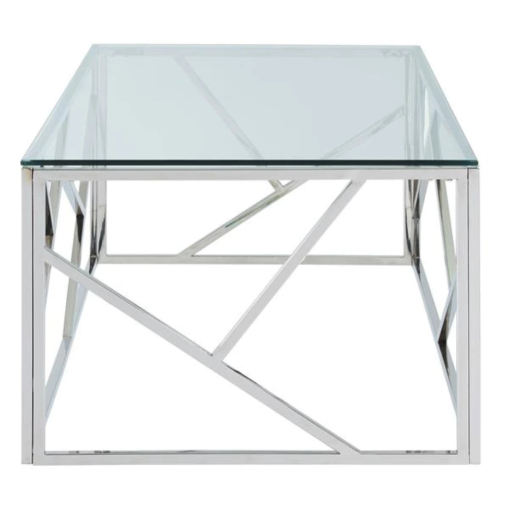 JOFFERY – Glass Top Coffee Table With Silver Stainless Steel Frame