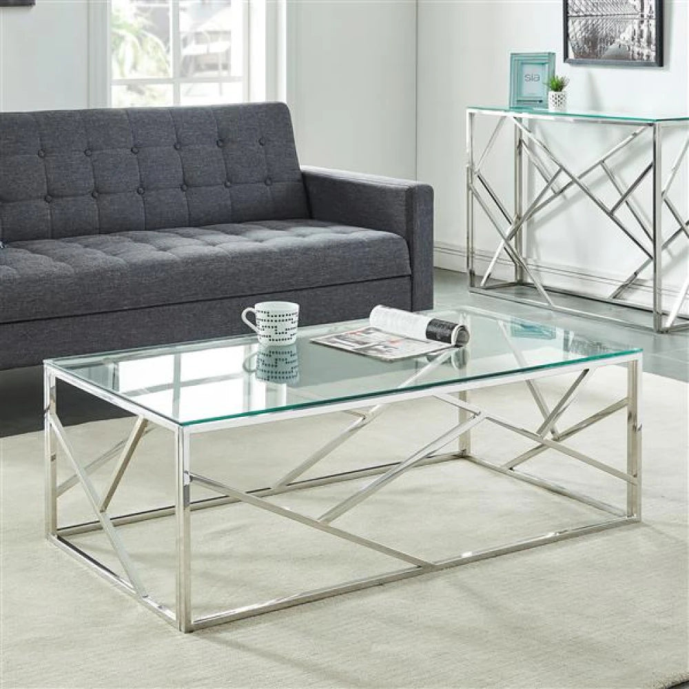 JOFFERY – Glass Top Coffee Table With Silver Stainless Steel Frame