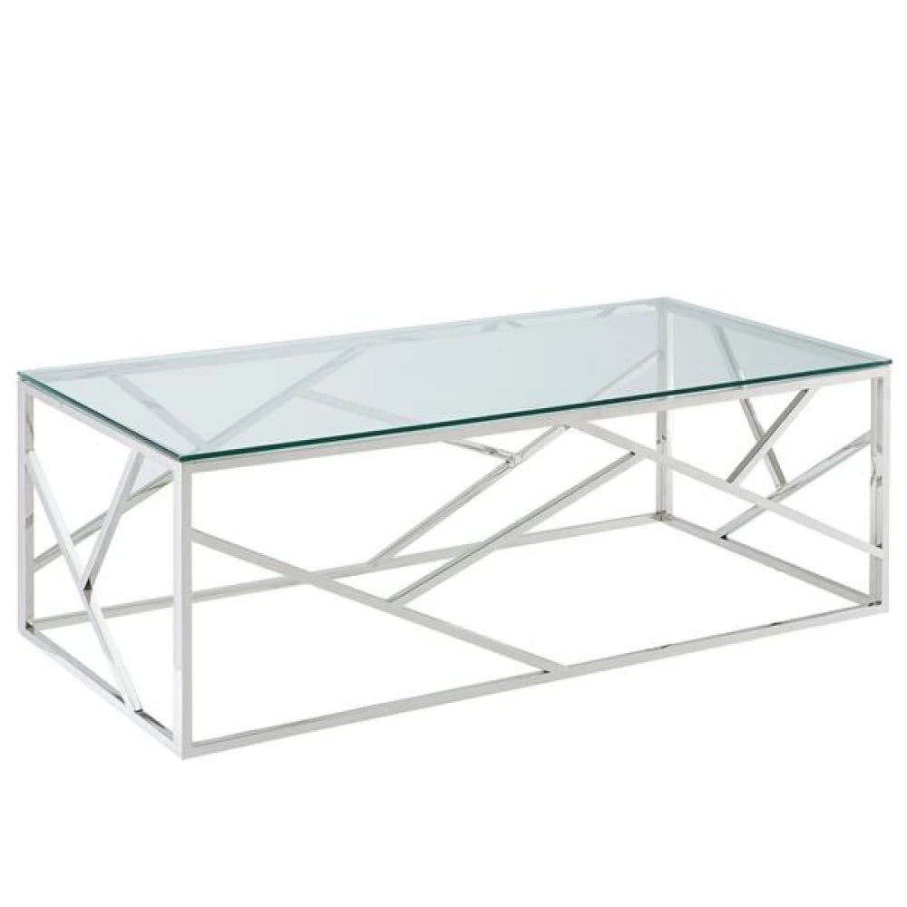 JOFFERY – Glass Top Coffee Table With Silver Stainless Steel Frame