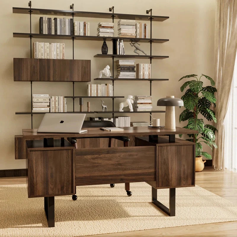 AMESKO – Walnut Brown Manager Table with Metallic Frame