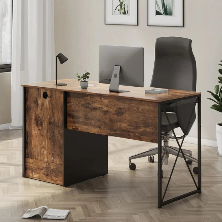 VORTEX – Rustic Brown Computer Table with Black Metallic Frame