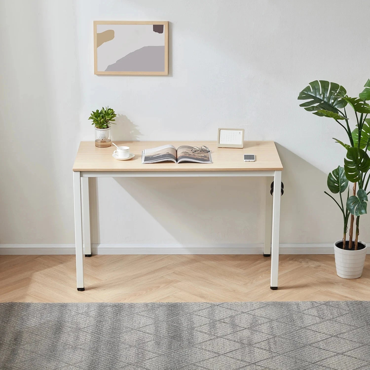 MAIZE – Writing Table with Oak brown Top & White Metallic Base