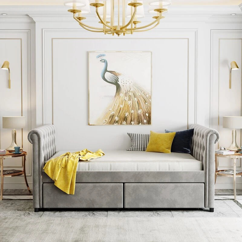 REVET – Grey Flared Arm Daybed With Drawers
