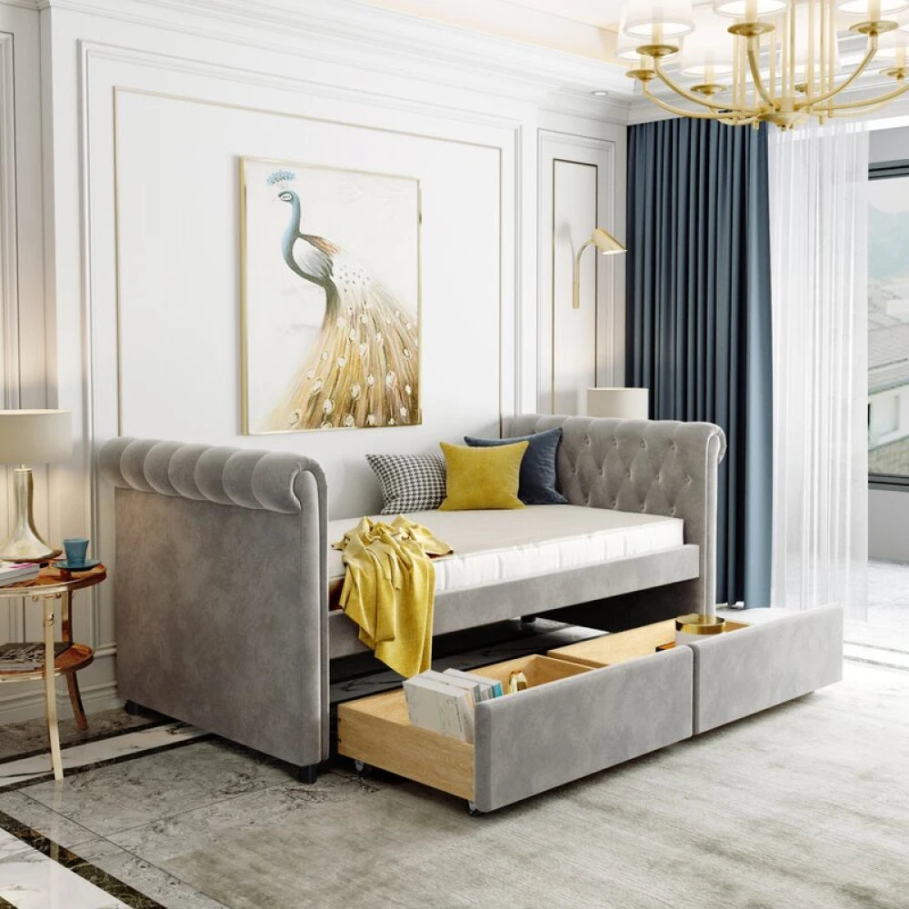 REVET – Grey Flared Arm Daybed With Drawers