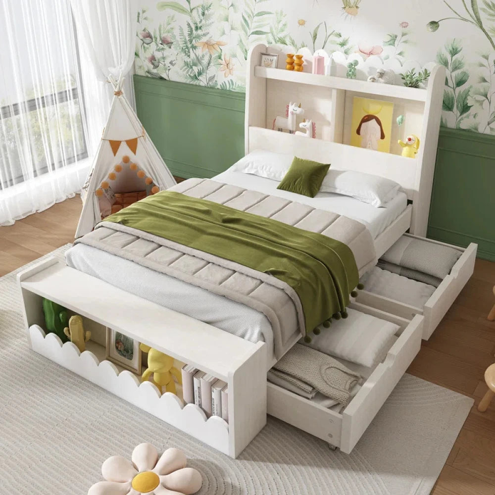 LOVI – White Kids Bed With Two Drawers & Bookshelves