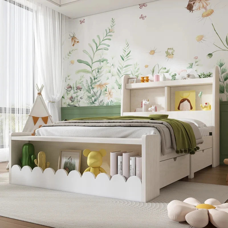 LOVI – White Kids Bed With Two Drawers & Bookshelves