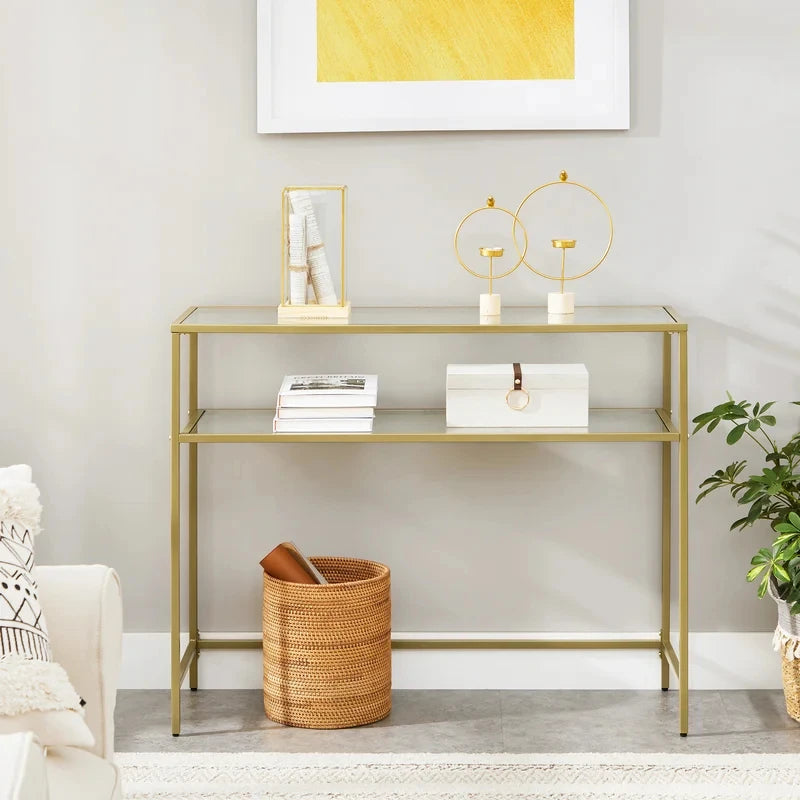 ADORA – Golden Metallic Frame Console Table with Glass Shelves