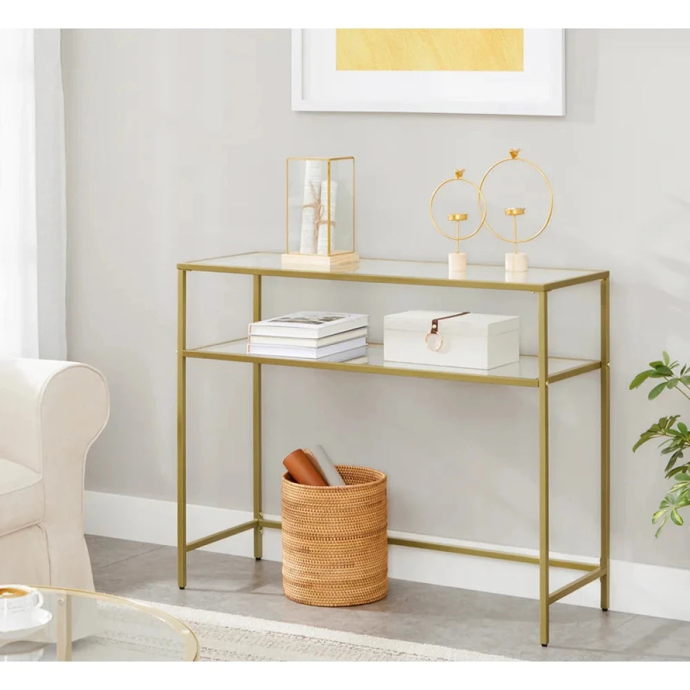 ADORA – Golden Metallic Frame Console Table with Glass Shelves