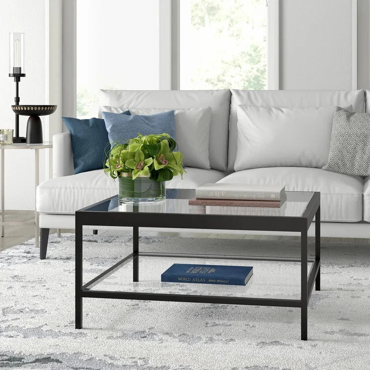 STERLING – Black Metallic Contemporary Coffee Table with Glass Shelves