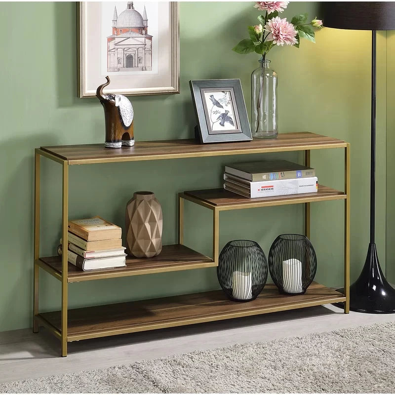 CY – Golden Metallic Frame Console Table with Wooden Shelves