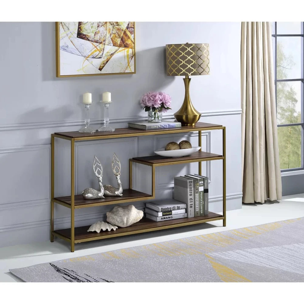 CY – Golden Metallic Frame Console Table with Wooden Shelves