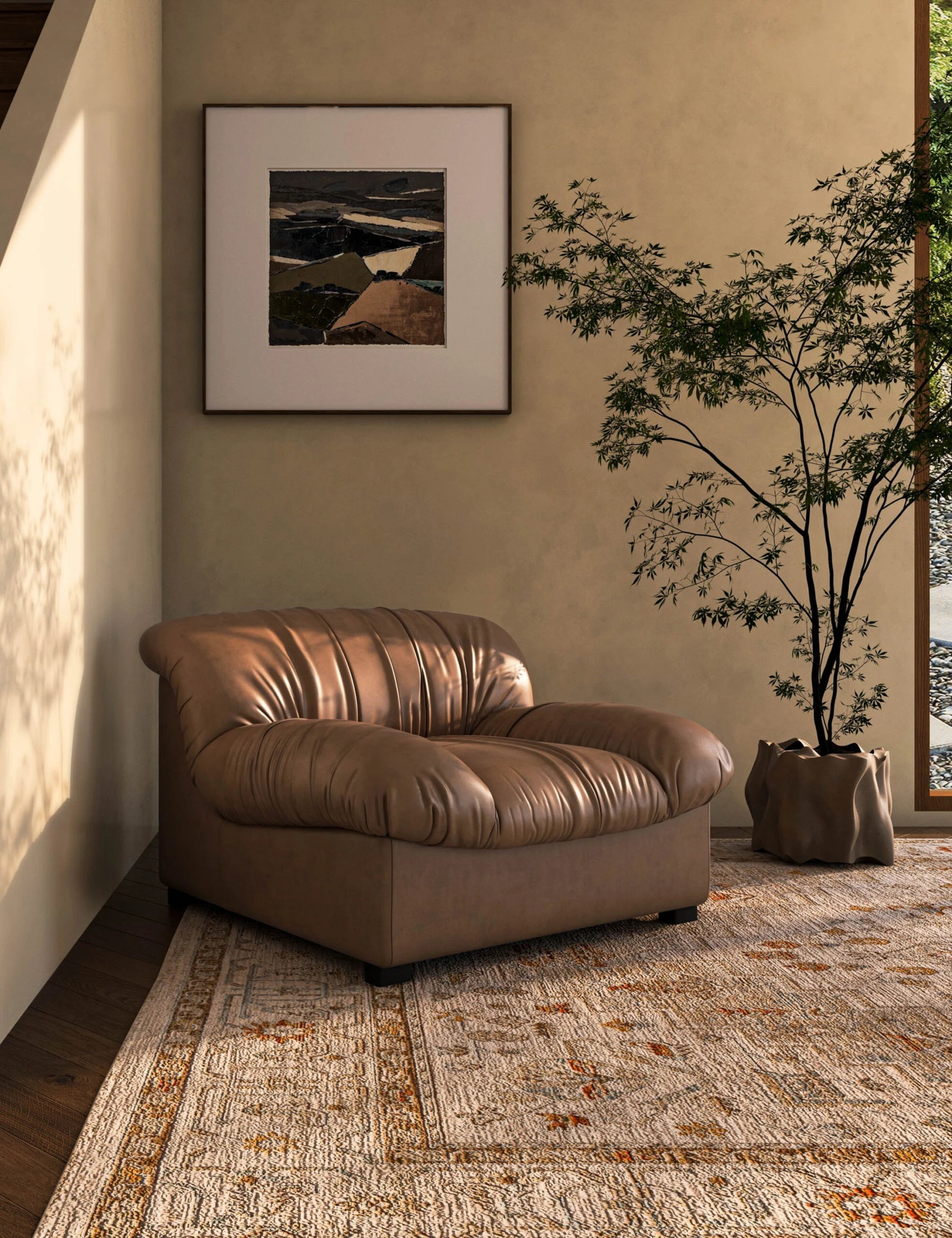 AMARA – Wide Tan Faux Leather Accent Chair