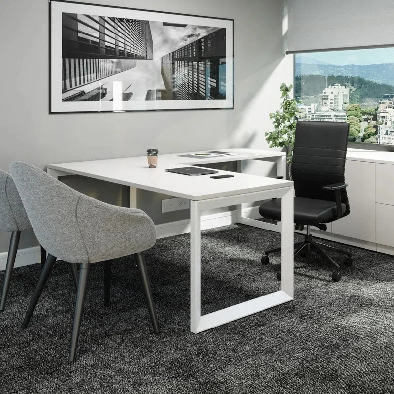 ALBUSPACE – Contemporary Style L Shape Work Desk with Metallic Frame