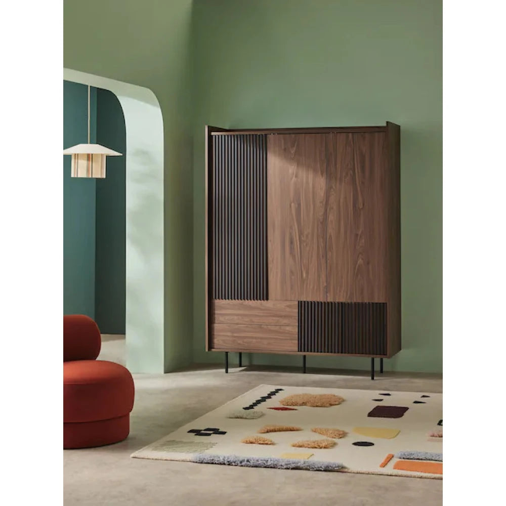 NOIRRA – Walnut Brown & Black Fluted Panel Design Wardrobe