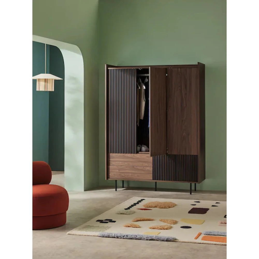 NOIRRA – Walnut Brown & Black Fluted Panel Design Wardrobe