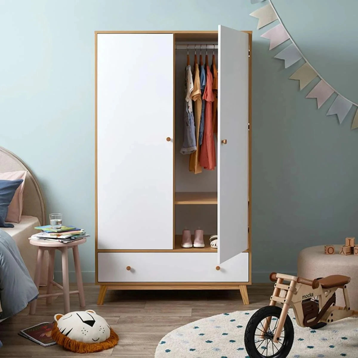 BRAMWELL – Scandinavian Design White and Oak Brown Kids Cupboard