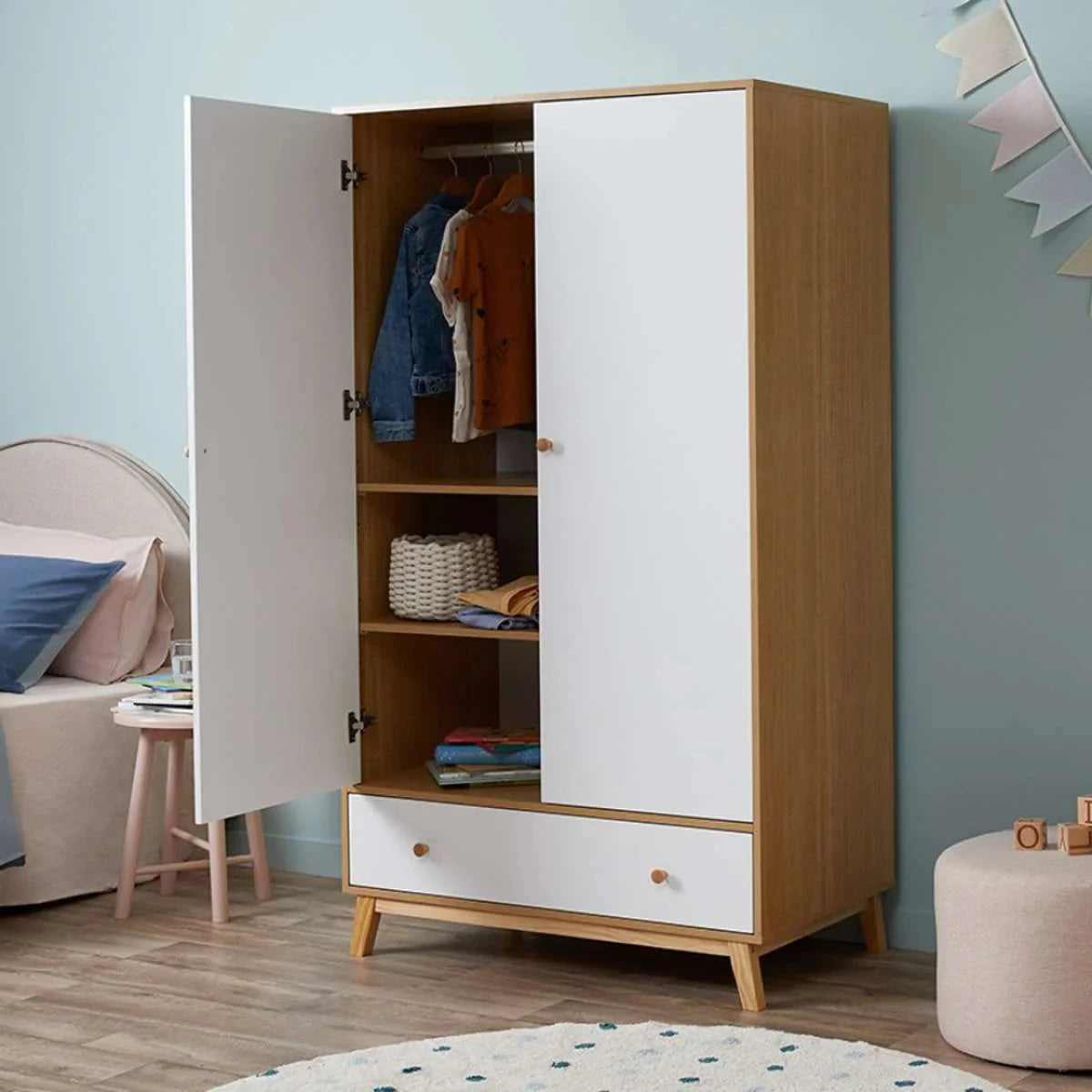 BRAMWELL – Scandinavian Design White and Oak Brown Kids Cupboard