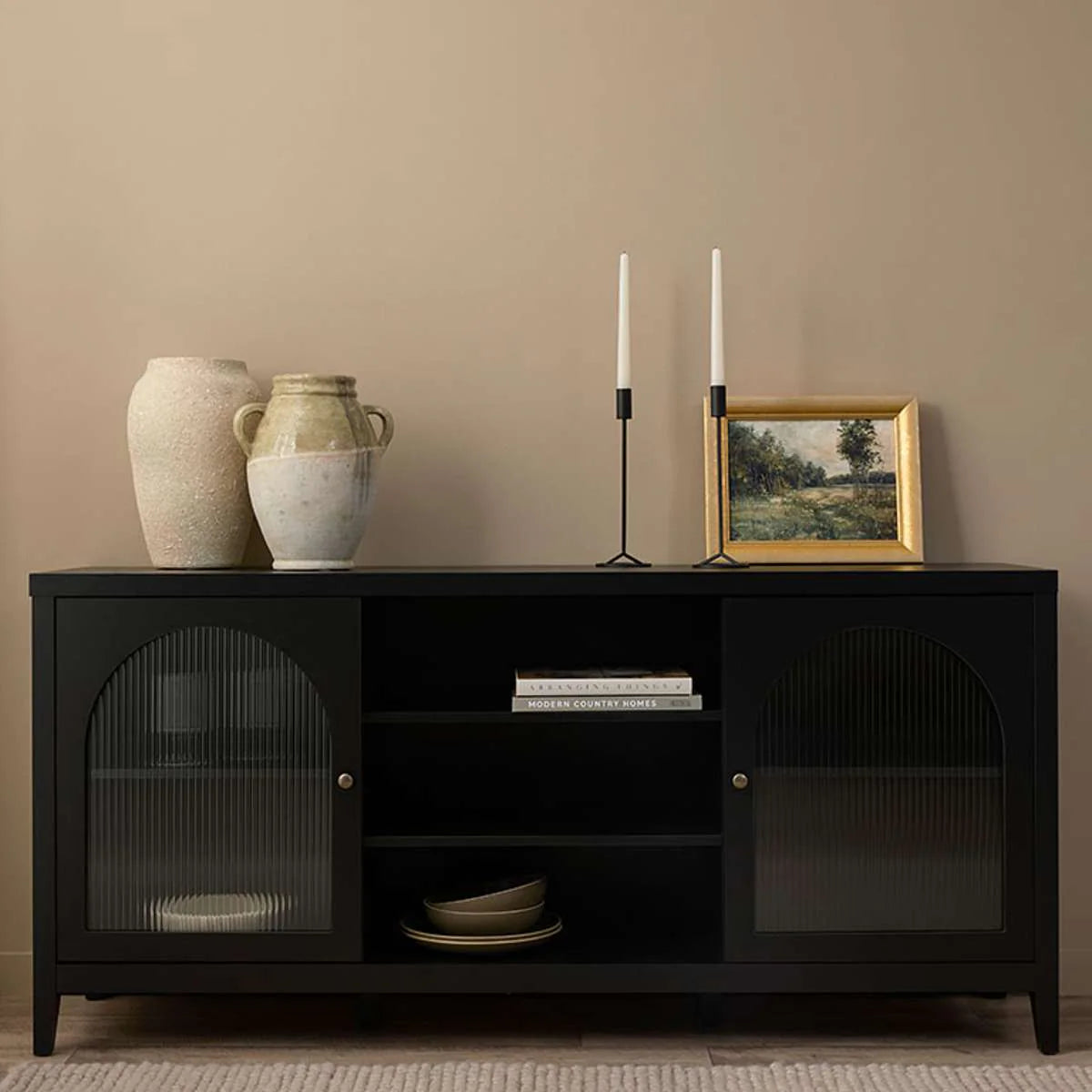 VIKA – Classic Style Black Sideboard will Fluted Glass Doors