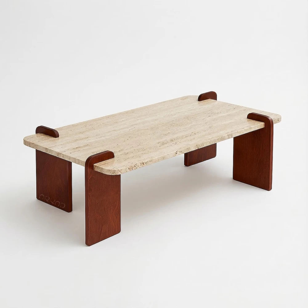 TRIVO – Travertine Coffee Table with Solid Wood Base