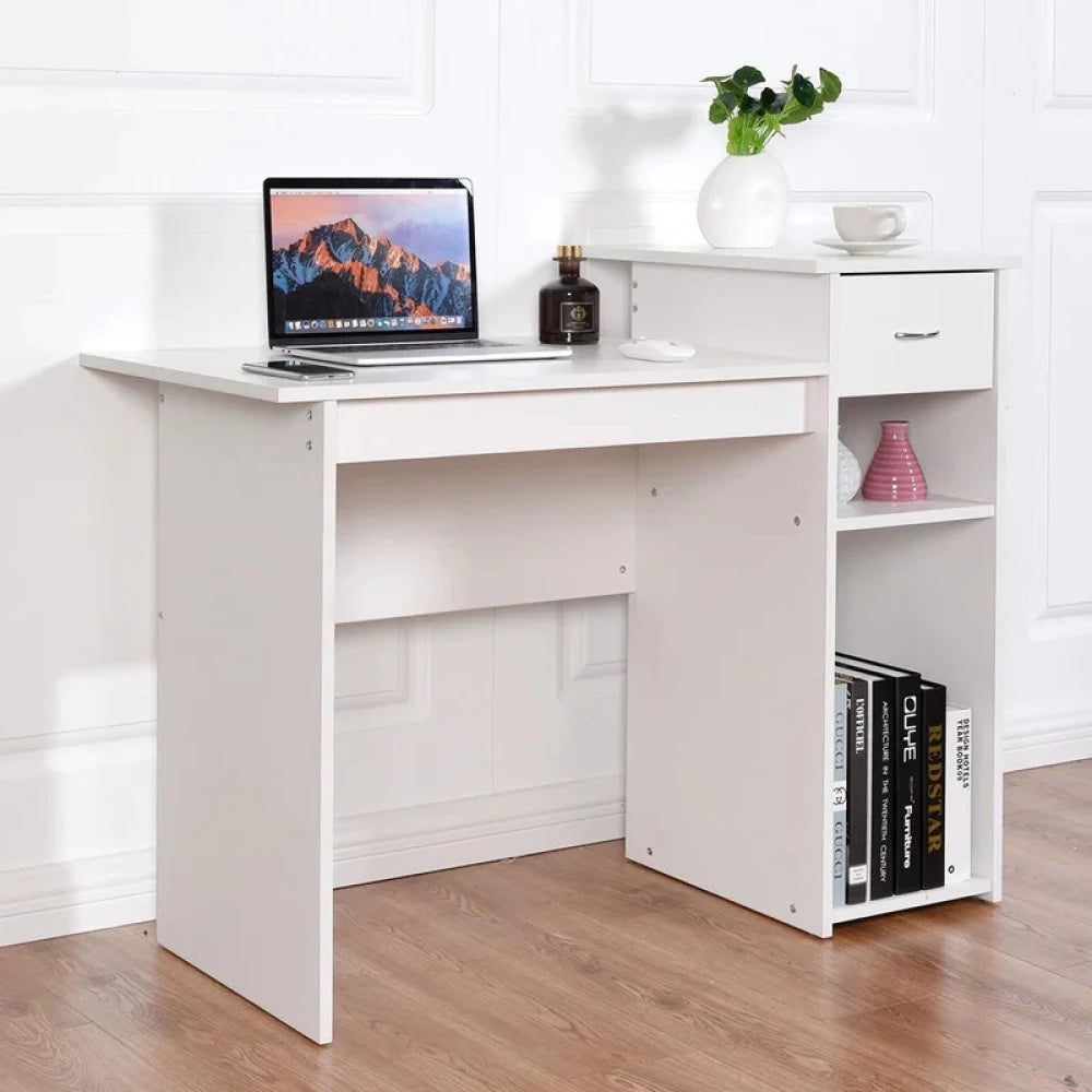 ANGELA – White Writing Table with Open Shelves and Storage Drawers