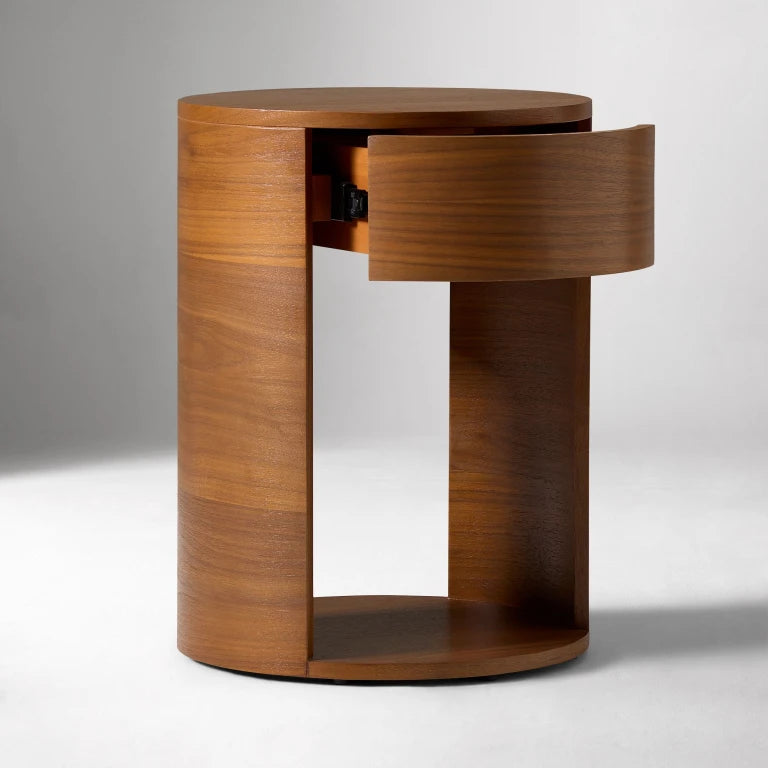 TWIRL – Minimalist Walnut Brown Round Nightstand