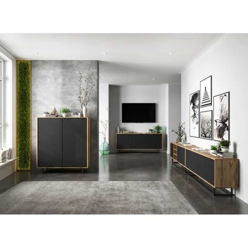 DACHELLE – Rustic Brown & Gloss Black Finish Side Board