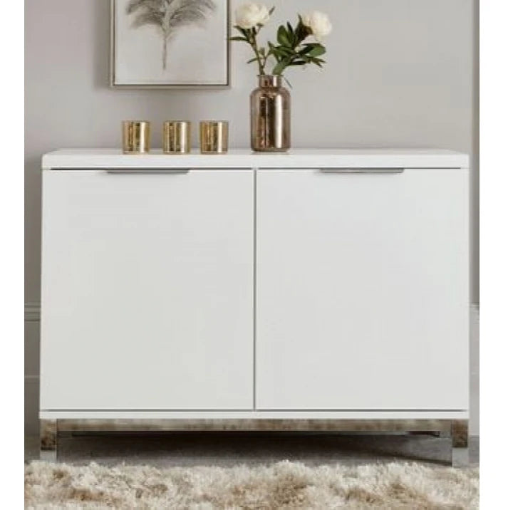INA – White Storage Cabinet Sideboard with Stainless Steel Base