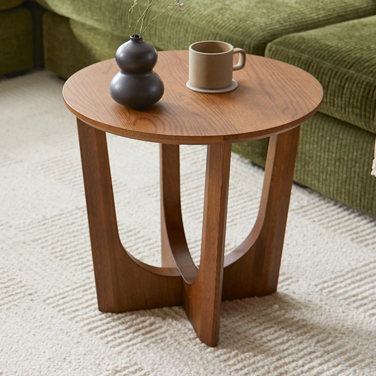 CADEN – Round Dark Oak Brown End Table with Sculptural Base