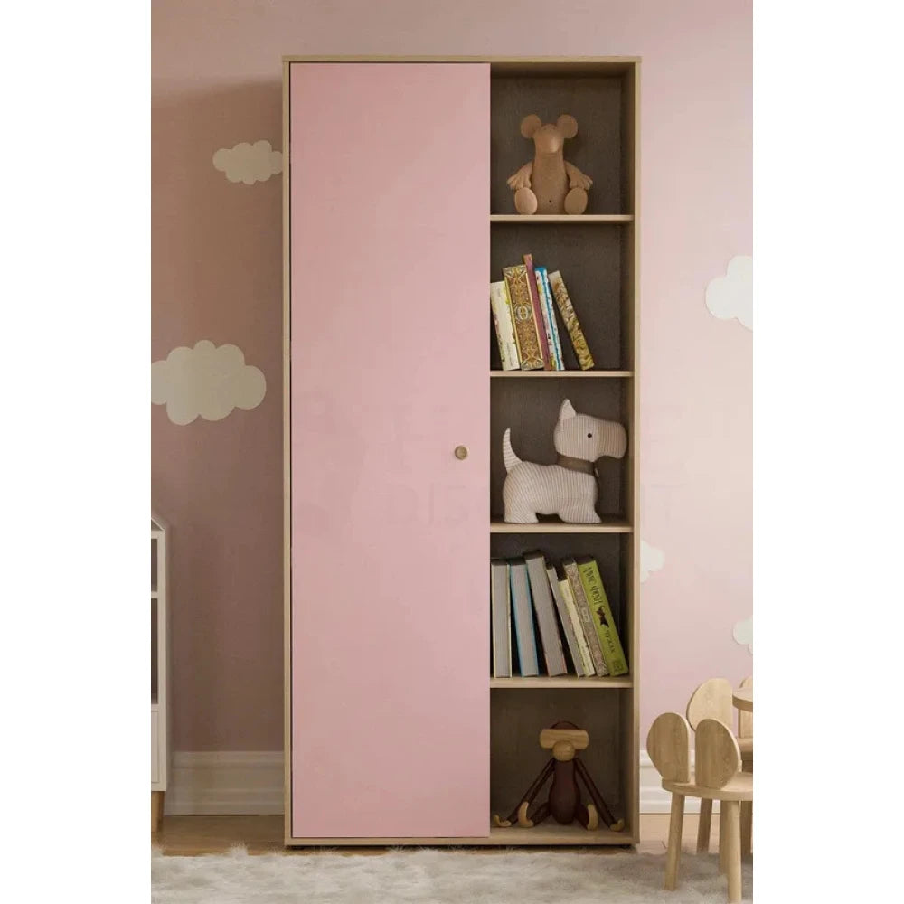 HENLO – Oak Brown & Pink Single Door Kids Wardrobe
