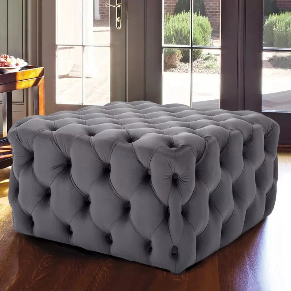 MARAIS – Dark Grey Square Button Tufted Ottoman Stool