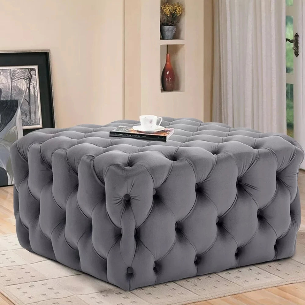MARAIS – Dark Grey Square Button Tufted Ottoman Stool