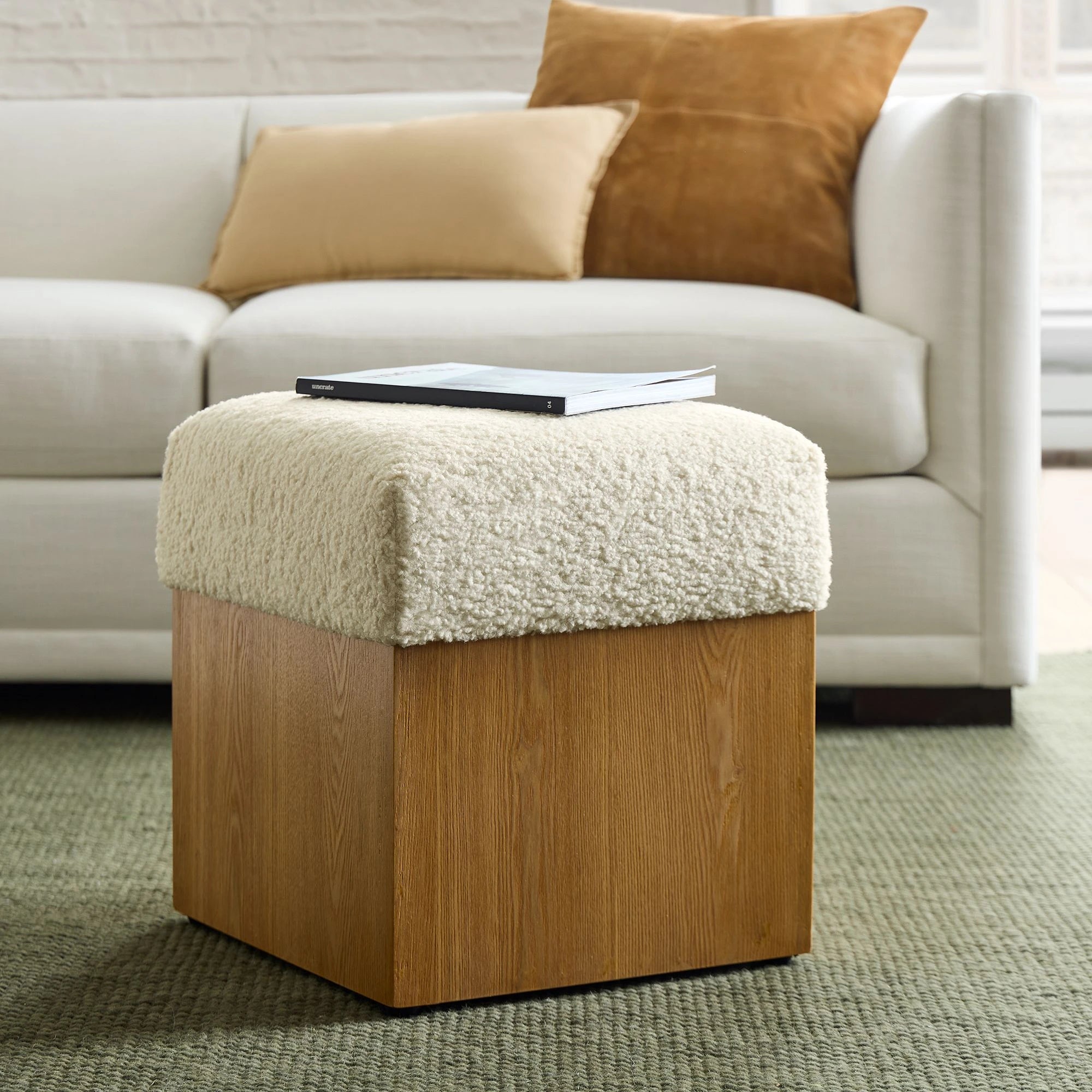 CUBRO – Modern Design White & Oak Brown Square Ottoman Stool