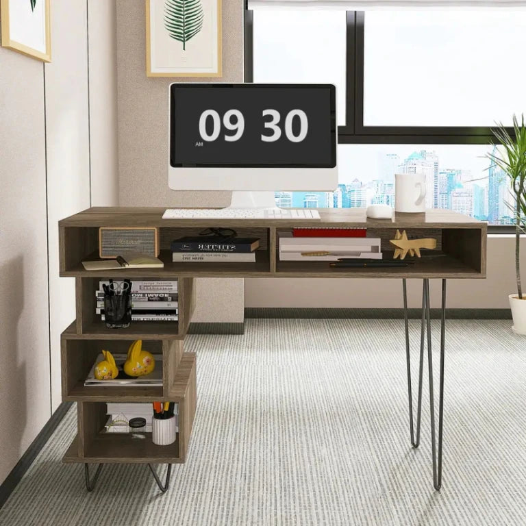 TREAT – Rustic Brown Computer Table with Five Open Shelves